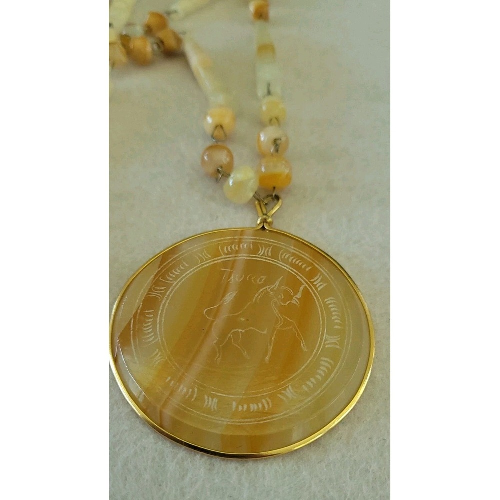 Vintage Taurus Zodiac Medallion Necklace Banded Beads Astrology 24in
